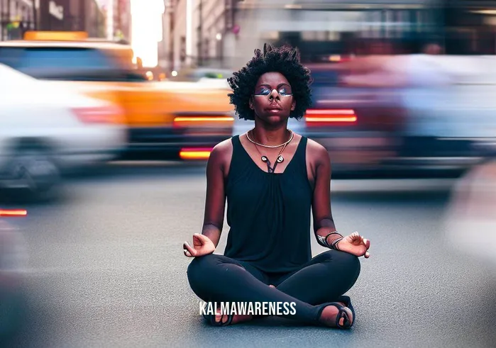 meditation black woman _ Image: A woman sitting cross-legged on a busy city street, surrounded by rushing pedestrians and honking cars.Image description: Amidst the chaos of the city, a black woman finds a moment of stillness. She sits with her eyes closed, her hands resting on her knees, and a serene expression on her face.
