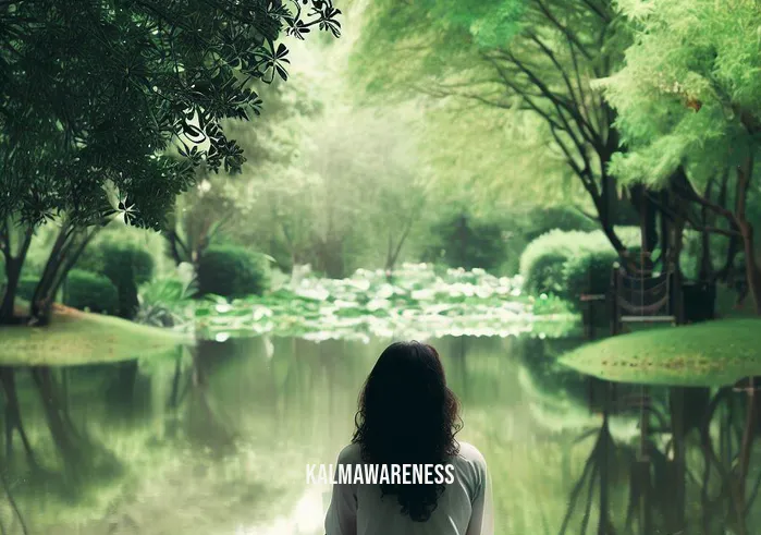 meditation black woman _ Image: A tranquil park with a peaceful pond and greenery all around.Image description: Leaving the chaos behind, the woman has found solace in a serene park. She sits by a calm pond, surrounded by lush greenery, her posture more relaxed as she breathes deeply, letting go of stress.