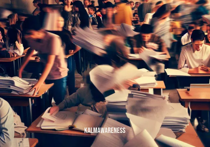 calm classroom body scan _ Image A bustling classroom with students hunched over desks, papers strewn about, and anxious expressions on their faces.Image description The classroom is filled with students appearing stressed and overwhelmed, papers scattered, and an overall sense of chaos in the air.