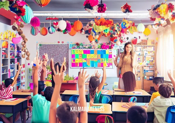 tish jennings _ Image: A classroom with revitalized energy, colorful decorations, and engaged children raising their hands to participate.Image description: Back in the classroom, there