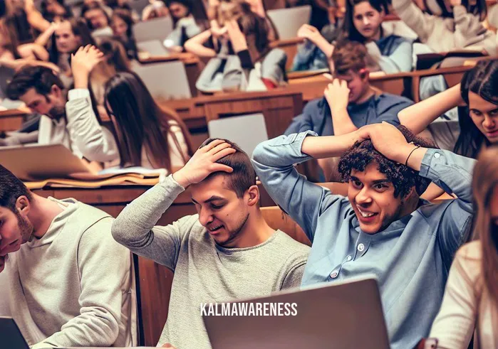 duke mindfulness _ Image: A crowded lecture hall with students looking stressed and overwhelmed, some rubbing their temples and others frantically taking notes.Image description: Students packed into a lecture hall, anxiety evident on their faces as they struggle to keep up with the fast-paced material. Laptops are open, but there