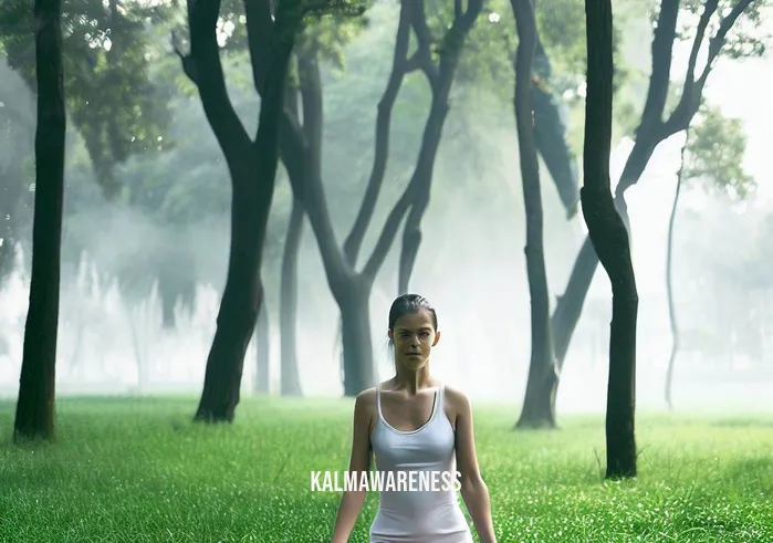 breath of joy _ Image: A woman practicing yoga in the same park, surrounded by trees and fresh air. Image description: Amidst the same park, a woman unrolls her yoga mat on a patch of grass. Tall trees provide a refreshing green backdrop, and a gentle breeze sweeps away the remnants of smog. The woman