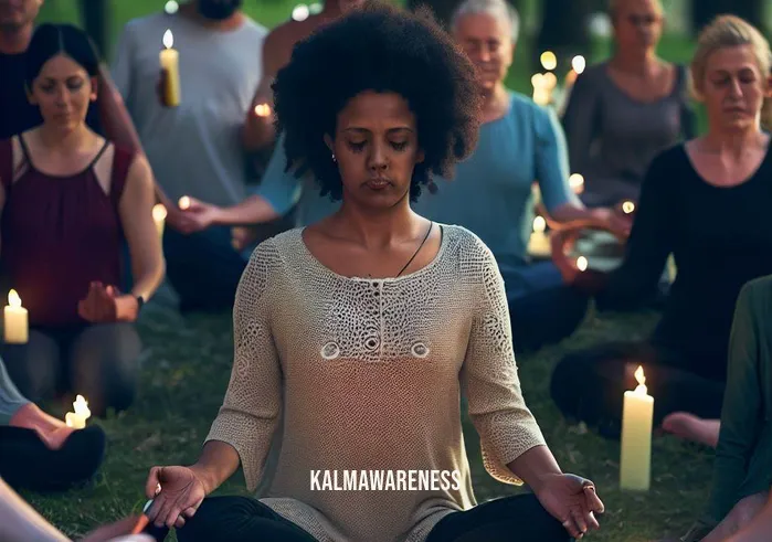 breath of joy _ Image: Group meditation with diverse participants, creating a sense of community and positivity. Image description: In a harmonious shift, the woman is now part of a larger group engaging in a meditation session within the same park. The diverse participants encircle a collection of lit candles, creating an atmosphere of unity and positivity. Eyes closed and postures relaxed, they collectively inhale and exhale, fostering a shared sense of peace and connectedness.