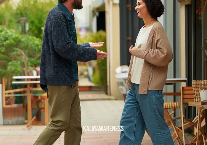 how to take your energy back from someone _ Image: The two individuals are shown taking a walk outside, engaged in a balanced and respectful conversation, indicating a healthier exchange of energy.Image description: Outside the cafe now, the two individuals walk side by side. Their body language is balanced, and their conversation appears more equal and respectful. They share thoughts and listen to each other, creating a harmonious exchange of energy.