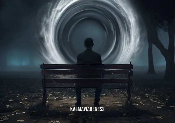 negative energy rings that break _ Image: The person sits alone on a park bench, staring at the ring with a troubled expression. The aura around the ring has grown larger and more turbulent, affecting the surroundings, as leaves and debris are being swept up by its force.Image description: Seated on a lonely bench, the individual gazes intensely at the ring now engulfed in a swirling tempest of negativity. The once calm park has turned chaotic, with leaves and debris spiraling around the ring