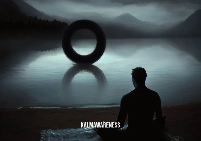 negative energy rings that break _ Image: A scene showing the person engaged in meditation beside a serene lake. The negative energy ring lies on a cloth in front of them. The person