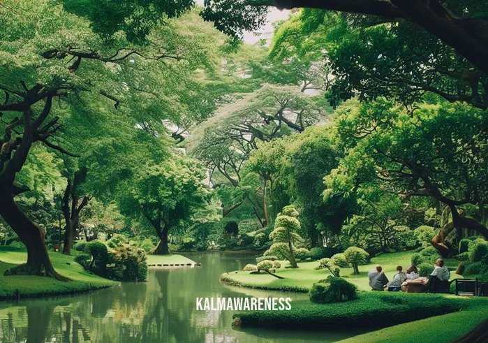 is nature made calm and relax safe _ Image: A serene park with lush green trees and a peaceful pond. Image description: In contrast, a tranquil park offers respite, where people sit by the pond, taking in the natural beauty.