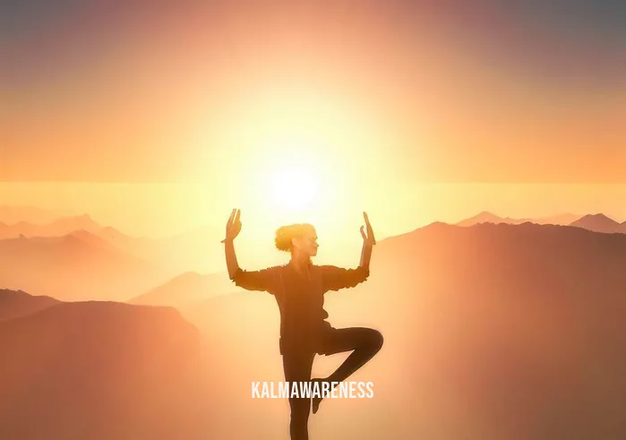 como limpiar mi aura _ Image: The person practicing yoga on a mountaintop during sunrise.Image description: As the journey continues, the person is now on a mountaintop at dawn, practicing yoga. The rising sun casts a warm and golden glow on the surroundings. The person