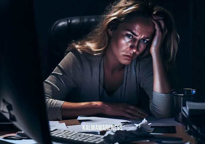 the healing force _ Image: A woman sitting at her desk in an office, hunched over her computer, rubbing her temples with a look of frustration. Papers are scattered, and her to-do list is barely checked off.Image description: In a dimly lit office space, a woman appears overwhelmed by her workload. Her body language and facial expression depict stress and exhaustion as she battles a pile of paperwork and a glaring computer screen, hinting at the toll of a demanding professional life.