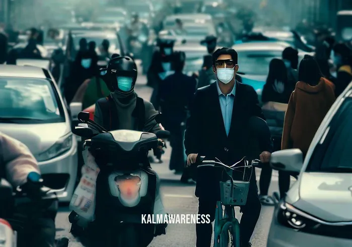 alchemize energy _ Image: People wearing masks while walking on a crowded city street, surrounded by electric cars and bikes.Image description: Amidst the pollution, people adapt by wearing masks, while electric vehicles dominate the streets, signaling a shift towards cleaner transportation options.