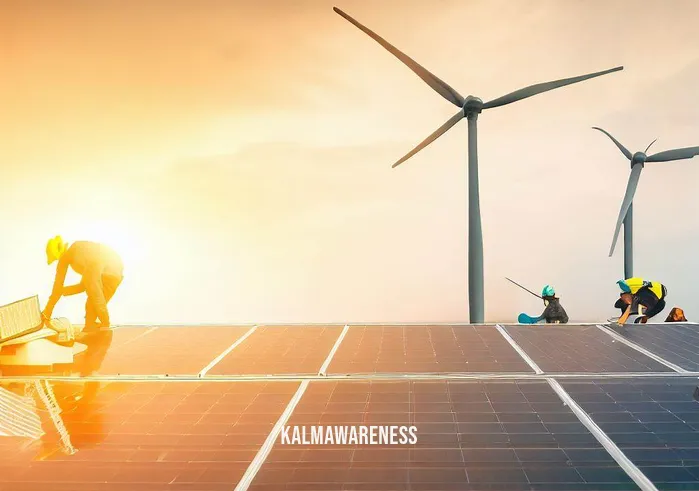 alchemize energy _ Image: Workers installing solar panels on rooftops, and wind turbines spinning on the horizon.Image description: Renewable energy gains momentum as solar panels are installed on rooftops and wind turbines harness the power of nature, offering sustainable alternatives.
