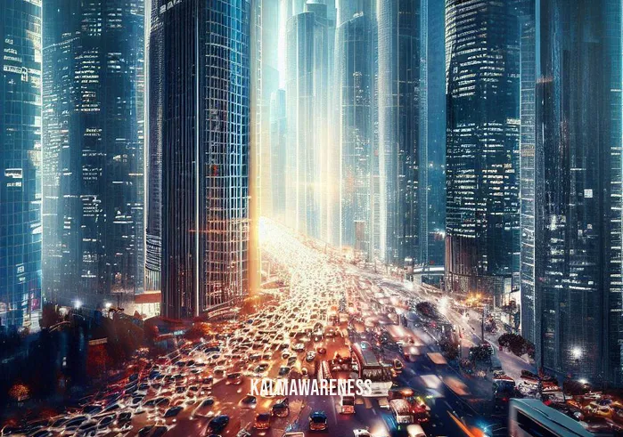 amar energy _ Image: A bustling cityscape with skyscrapers and heavy traffic, symbolizing urban energy consumption.Image description: The city streets are filled with busy commuters, and the towering buildings are illuminated with bright lights, depicting the high energy demands of urban life.