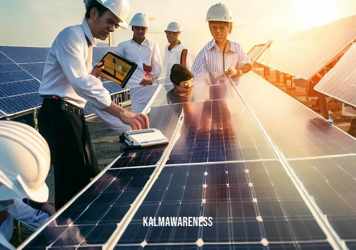 amar energy _ Image: A team of engineers and scientists in a solar panel field, harnessing sunlight for renewable energy generation.Image description: A group of experts is seen working among rows of gleaming solar panels, adjusting and maintaining the equipment to capture the abundant sunlight.