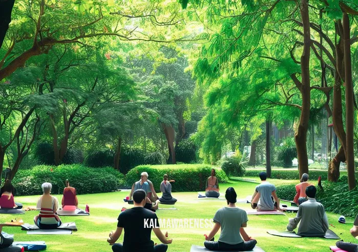 mindful movements _ Image: A serene park scene with people sitting on yoga mats in a circle, engaged in deep breathing exercises.Image description: A peaceful park with individuals seated on yoga mats, focusing on their breath, surrounded by lush greenery.