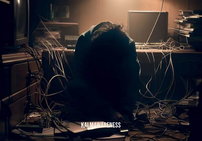call back your energy _ Image: A person slouched in front of a cluttered desk, surrounded by tangled wires and a dimly lit room.Image description: The dim room is filled with electronic devices, their cords forming a tangled mess on the desk. A person sits hunched over, looking drained and overwhelmed by the chaos around them.