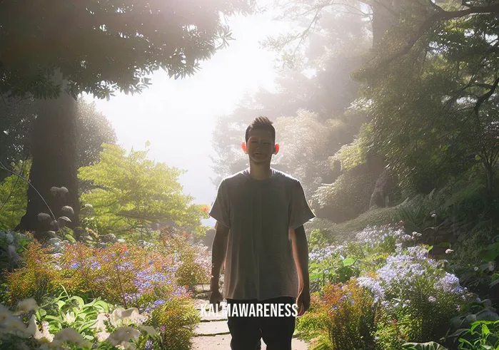 call back your energy _ Image: The same person stepping outside, squinting in the sunlight, surrounded by nature.Image description: Stepping out into the sunlight, the person is seen surrounded by nature – trees, flowers, and a serene landscape. They shield their eyes from the brightness, seemingly unaccustomed to the natural light after being indoors for so long.
