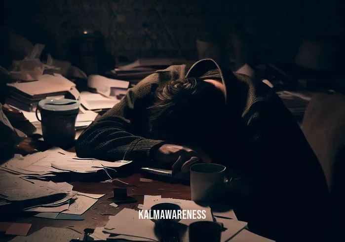 calling back your energy _ Image: A person slouched over a cluttered desk, surrounded by scattered papers and an empty coffee cup.Image description: In the dimly lit room, a tired figure sits hunched over a desk buried under disarray. Abandoned tasks and a drained coffee mug paint a picture of overwhelming fatigue.