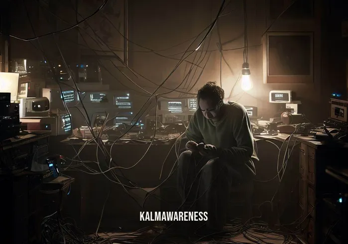 calling energy back _ Image: [Depicts a dimly lit room with several electronic devices plugged in. The room is cluttered with tangled wires and power strips. A person is seen looking frustrated.]Image description: An overcrowded room filled with electronic devices, all plugged into a chaotic jumble of wires and power strips. The dim lighting adds to the atmosphere of disarray and inefficiency.