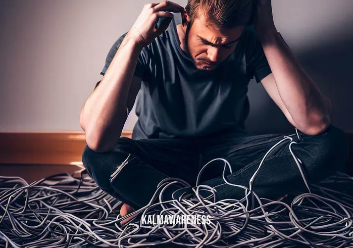 cord cutting exercise _ Image: A frustrated person kneeling on the floor, trying to untangle a mass of cords with a furrowed brow.Image description: A person sits amidst the chaos, diligently attempting to untangle the mess of cords. Frustration is evident on their face as they work painstakingly to decipher which cable leads to what device. It