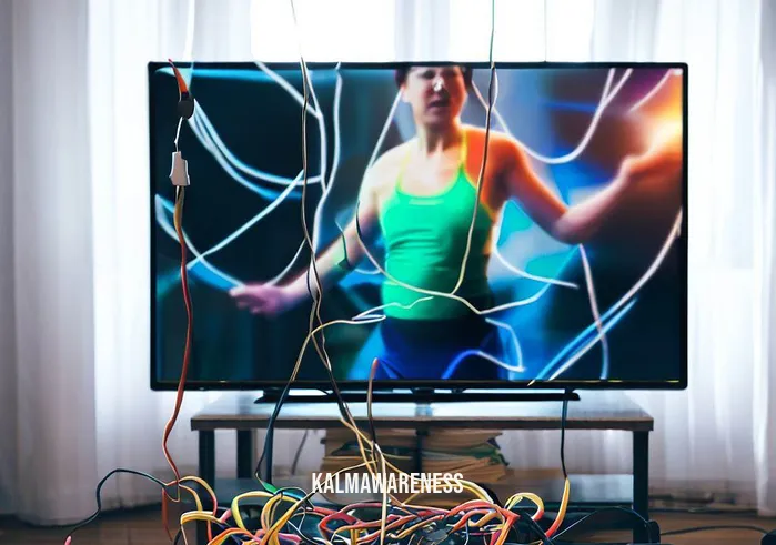 cord cutting exercise _ Image: Person engaged in a workout routine, using a streaming fitness video on a clutter-free TV.Image description: The focus shifts from technology to health. The person is seen following a workout routine displayed on the TV. With the cords out of the way, the distraction of tangled cables is gone. The TV screen displays a vibrant fitness instructor, and the person is fully immersed in their exercise routine.