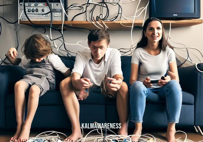 cord cutting mantra _ Image: A family sitting on the couch, staring at a tangled mess of cables and wires behind the TV stand.Image description: Frustrated expressions as they try to figure out which cord belongs to which device amidst the chaos of cables.