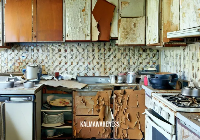 foster remodeling solutions _ Image: A dilapidated, cluttered kitchen with outdated appliances and peeling wallpaper.Image description: A worn-out kitchen with chipped tiles, old cabinets, and disorganized countertops.