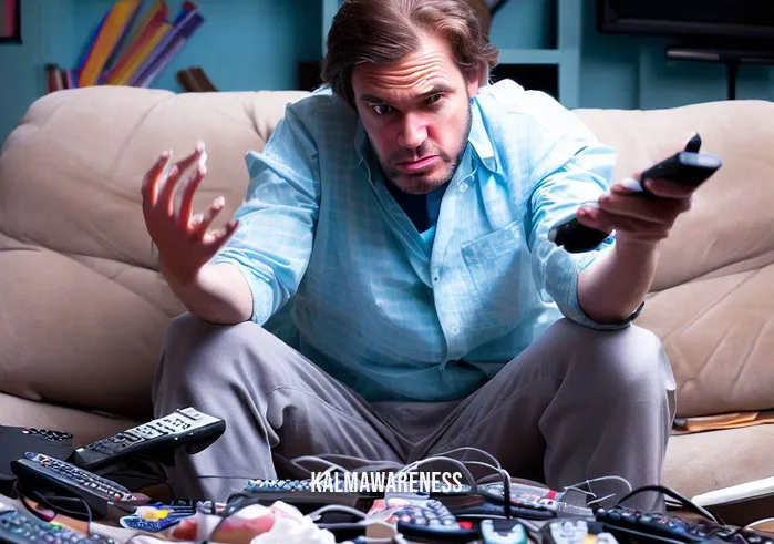 cord cutting meaning _ Image: [Depicts a person sitting on a couch, frustratedly flipping through various cable TV channels on a remote control.]Image description: A person surrounded by a cluttered living room, brows furrowed in frustration, as they aimlessly change channels with a TV remote.