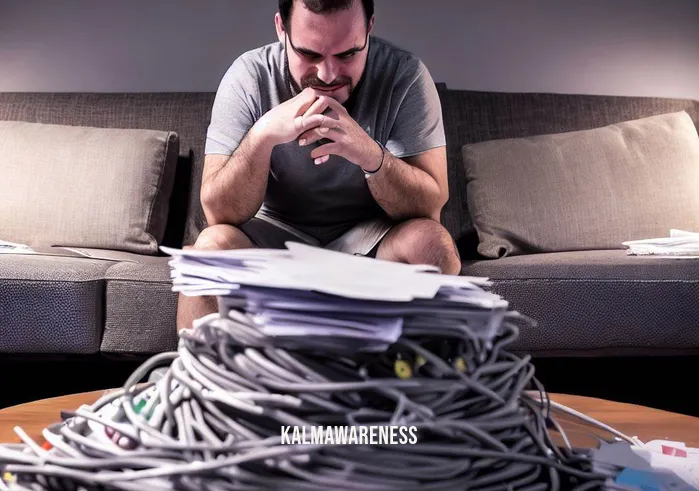 cord cutting meaning _ Image: [Shows the same person looking at a stack of cable bills on a coffee table, looking stressed and overwhelmed.]Image description: The same person now sits amidst a pile of unopened cable bills on the coffee table, wearing a concerned expression while contemplating the growing expenses.
