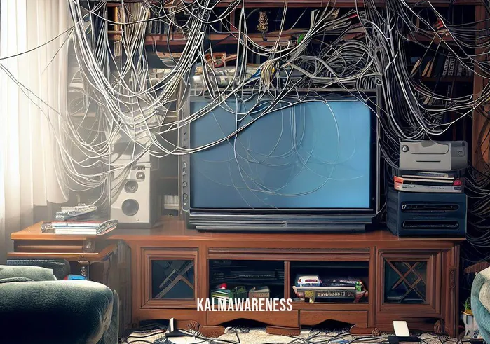 cord cutting prayer _ Image: A living room with a cluttered entertainment center, cables and cords tangled messily behind the TV and gaming consoles.Image description: The image shows a chaotic living room with an overflowing entertainment center. Cables and cords snake around haphazardly behind the TV, gaming consoles, and other electronic devices.