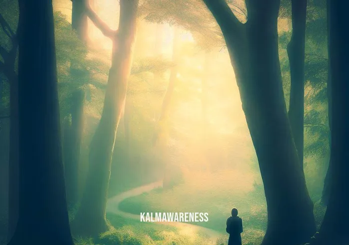 mind ease _ Image: A serene forest with a winding path, dappled sunlight filtering through tall trees, and a person standing at the entrance, looking unsure.Image description: A peaceful forest scene with a winding path and gentle sunlight, a person at the entrance, uncertain about their journey.