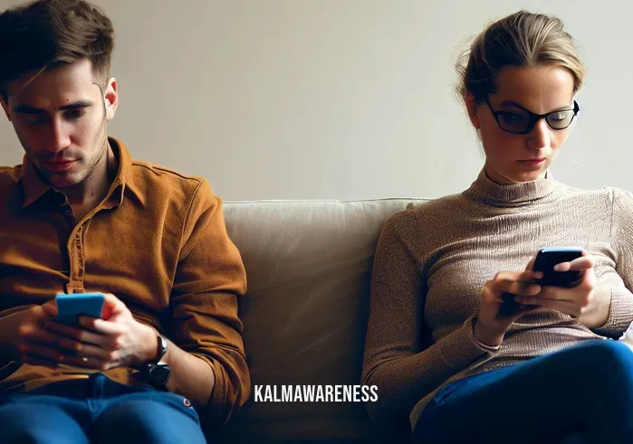 cord cutting relationships _ Image: A couple sitting on a couch, both engrossed in their individual smartphones, not paying attention to each other. Tension is palpable in the air as they remain distant and disconnected.Image description: A young man and woman share a sofa, shoulders touching, but their focus is solely on their phones. They seem oblivious to each other