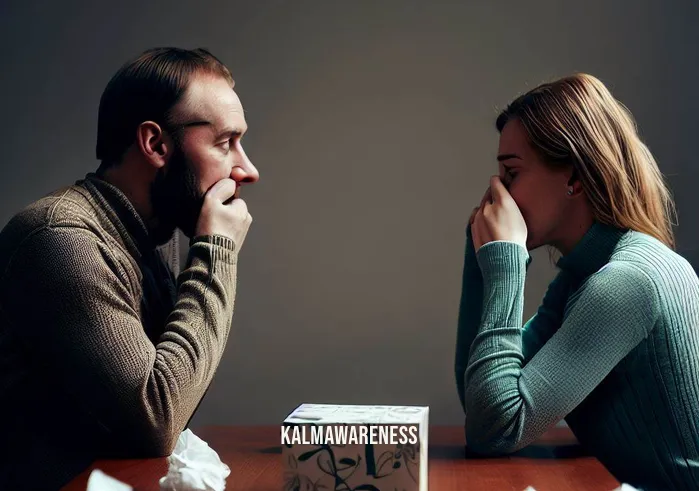cord cutting relationships _ Image: A shot of the couple sitting across from each other, a box of tissues between them. Their expressions are somber as they attempt to have a calm and honest conversation about their issues.Image description: Sitting on opposite ends of a table, tissues at hand, the couple engages in a difficult conversation. Their faces reveal vulnerability as they address their concerns, striving for understanding.