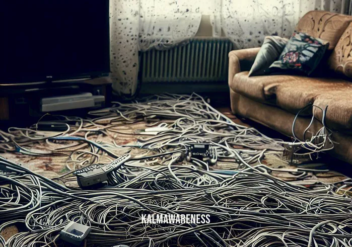 cord cutting ritual for a friend _ Image: A cluttered living room with tangled cables and wires strewn across the floor, a TV remote lost amidst the mess.Image description: Chaos reigns in the living room as a web of cables sprawls across the floor, a symbol of the overwhelming cable subscriptions and digital entanglement.
