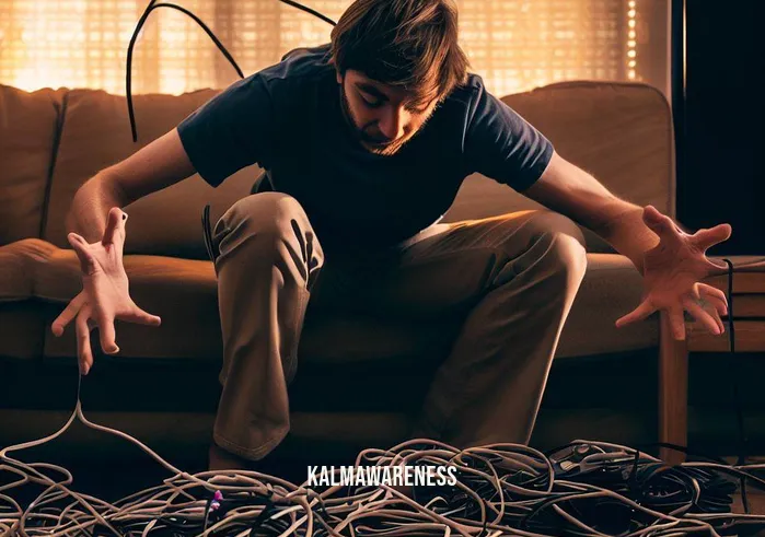 cord cutting spell origin _ Image: [Scene: Frustrated person kneeling beside the coffee table, trying to untangle a mess of cables.]Image description: A person kneels beside the cluttered coffee table, frustration evident on their face as they attempt to untangle a chaotic mess of cables. Their hands are caught in a web of wires, illustrating the struggles of traditional cable setups.