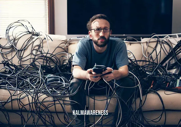 cord cutting spiritual _ Image: A person sitting on a couch, surrounded by tangled cords from various electronic devices. The person looks overwhelmed and stressed as they try to manage the mess of cables.Image description: Amidst a cluttered living room, cords from TVs, gaming consoles, and streaming devices are intertwined like a chaotic web. The individual