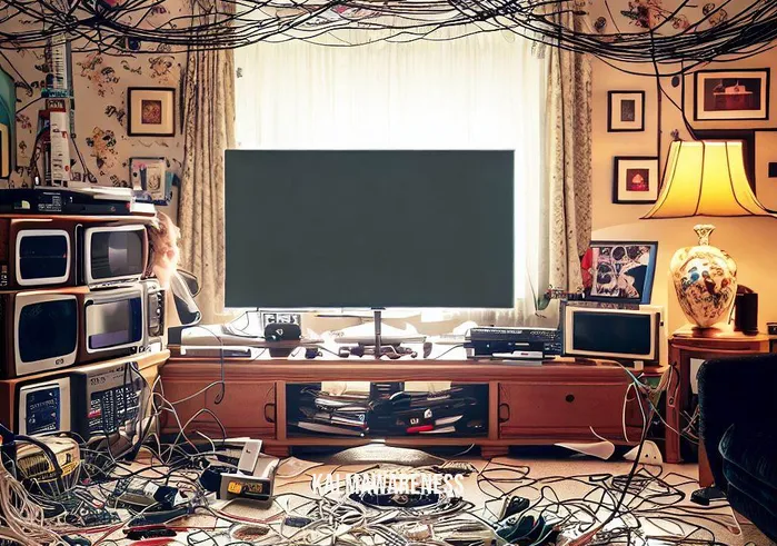 cord cutting technique _ Image: A living room filled with tangled cables and cords from various electronic devices, such as TVs, gaming consoles, and streaming devices.Image description: The image shows a cluttered living room with cables and cords strewn across the floor and furniture. The TV screen displays a tangled mess of wires connecting different devices. The room appears chaotic and disorganized.