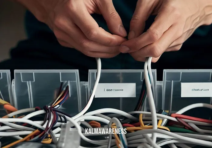 cord cutting technique _ Image: A close-up shot of the person using cable organizers and labels to manage the cords.Image description: This close-up image focuses on the person