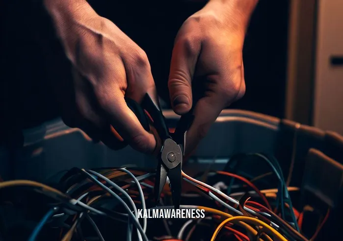 cord cutting voodoo _ Image The focus is on the hands of the person, seen using a cable stripper tool to neatly trim the ends of cables. A trash bin nearby is filled with discarded cable segments. The person