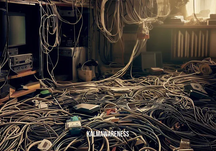 cord removal meditation _ Image: A cluttered room with tangled cords and cables strewn across the floor, creating a chaotic and overwhelming scene.Image description: The room is a mess, with cords from various electronic devices tangled together like a modern-day jungle. Power strips are overloaded, and the environment exudes a sense of frustration and disarray.