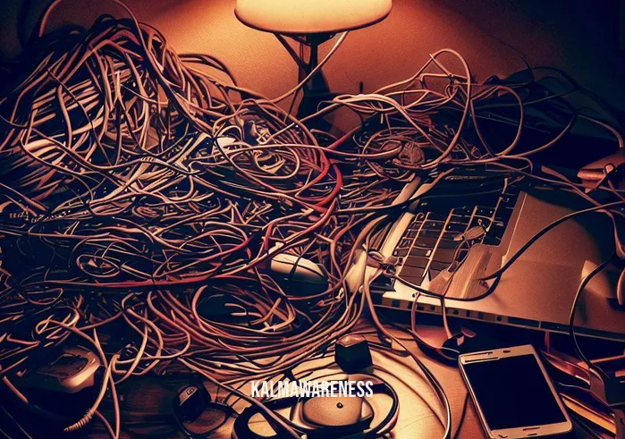 cord removal or healing work _ Image: A cluttered desk with tangled cords and cables strewn across it, a laptop, a phone charger, and a lamp all connected in a chaotic mess.Image description: The desk is a jumble of cords, a true reflection of the confusion and chaos that often accompanies modern technology. Wires cross over one another, creating a visual puzzle of knots and loops.