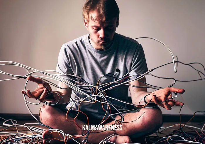 cord removal or healing work _ Image: A person sitting on the floor, surrounded by the tangled cords from the previous image, looking puzzled and frustrated as they attempt to untangle the mess.Image description: In the midst of the cord chaos, a person sits with a determined expression, fingers meticulously working to unravel the tangled web. Frustration is evident as they follow the paths of different cords.