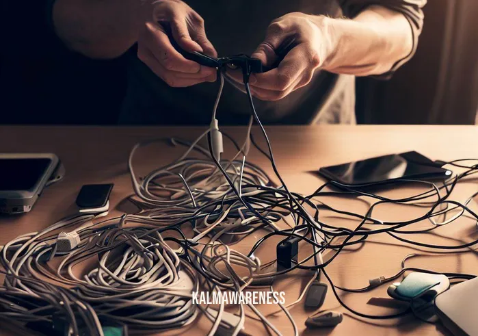 cord removal or healing work _ Image: The same person organizing the untangled cords using cord clips and labels, creating distinct pathways for each device on the desk.Image description: With the cords untangled, the person now focuses on organization. Cord clips and labels come into play, each wire given a designated route, and devices are methodically connected. The atmosphere is now one of purpose and control.