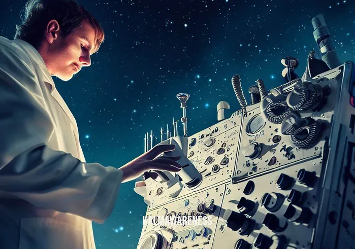 cosmic energy activation _ Image: A person wearing a lab coat adjusting settings on a sophisticated scientific instrument pointed at the night sky.Image description: A determined scientist in a lab coat stands before a complex instrument. With focused intensity, they adjust dials and knobs, aligning the device