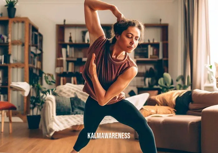 crystalline body activation _ Image The same person practicing yoga in their living room, attempting a difficult pose but struggling to maintain balance.Image description Against the backdrop of a cozy living room, the same person attempts a challenging yoga pose. Their muscles strain as they struggle to find balance, illustrating the physical and emotional challenges they