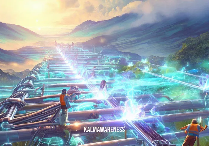 crystalline grid _ Image: A scene showing the engineers successfully activating their newly built technology, with energy visibly flowing along the grid