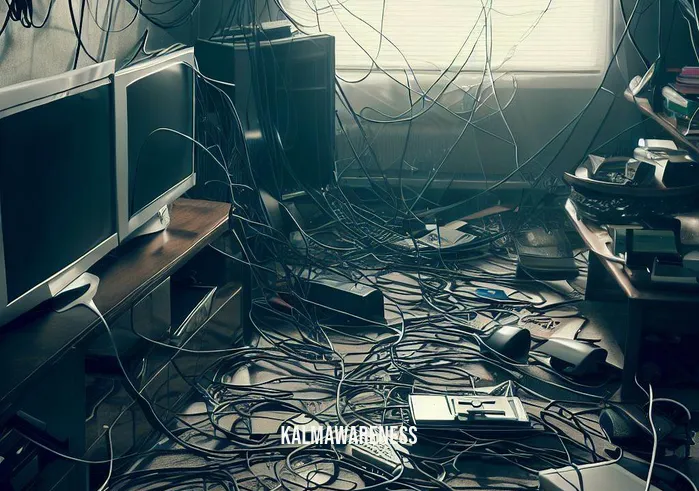 cut cord meditation _ Image: A cluttered living room with tangled cords and electronic devices scattered everywhere.Image description: In the midst of chaos, a living room is cluttered with a jumble of electronic devices - TVs, gaming consoles, chargers - their cords twisted and tangled like a modern-day jungle.
