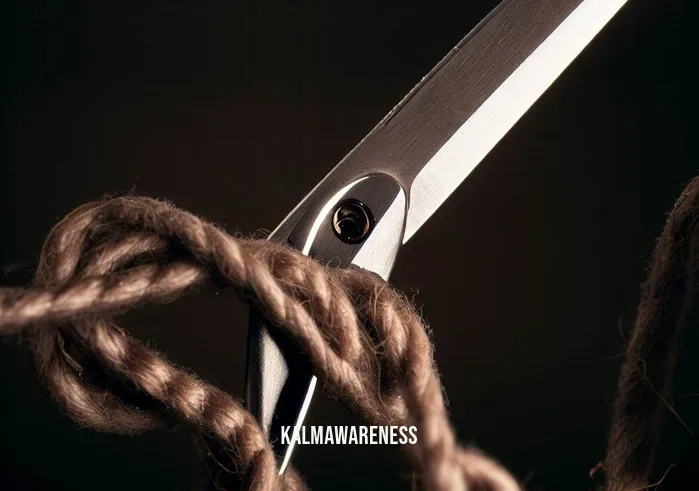 cut cords _ Image: A close-up of a pair of scissors cutting through a knotted cord, freeing it from the tangle.Image description: The tension-filled moment of liberation as a pair of scissors is seen cutting through one of the knotted cords. The cord, now free from the tangle, is a symbol of progress made in addressing the cord chaos.