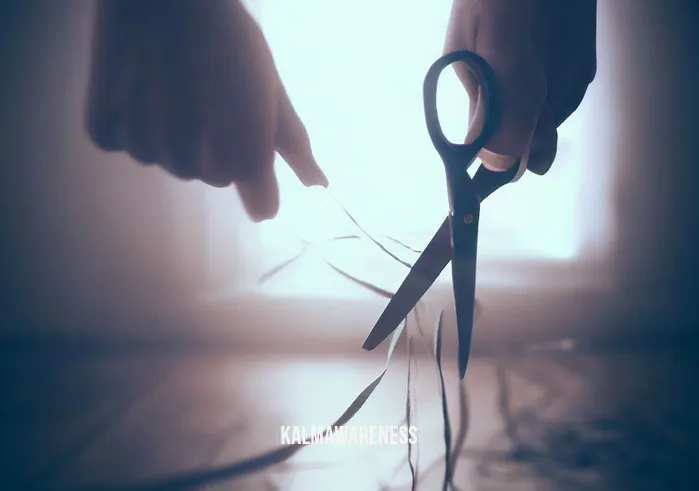 cut emotional cords _ Image: An image of the person using the scissors to cut through the emotional cords. The room feels a bit brighter, indicating a sense of relief and empowerment.Image description: The scissors in action, cutting through the emotional cords one by one. The room seems to brighten slightly as the person takes active steps to release themselves from the emotional entanglement.
