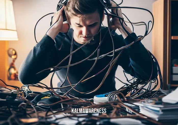 cut the cord meditation _ Image A person surrounded by tangled cords and cables, sitting amidst a cluttered desk with a stressed expression.Image description Amidst a chaotic tangle of cords and cables, a person sits at a cluttered desk, frustration evident on their face as they struggle to untangle the mess.