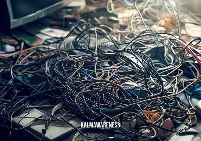 cutting chords _ Image: [Scene of a cluttered workspace with tangled cords and cables strewn across a desk. Various electronic devices are connected, creating a chaotic mess.]Image description: A chaotic tangle of cords sprawled across a cluttered desk, connecting a jumble of electronic devices. Wires overlap, forming a confusing web that signifies disorder and disarray.